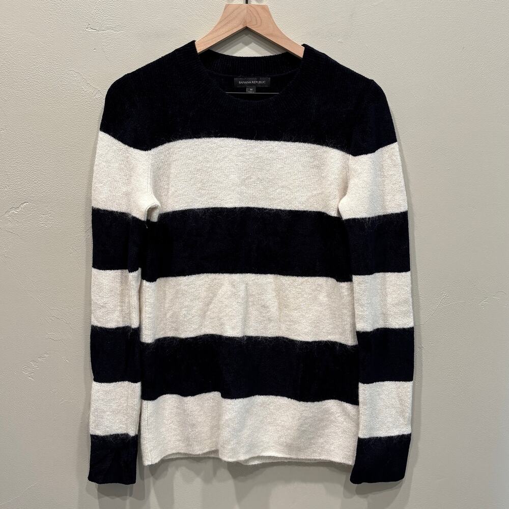 Banana Republic Wool Blend Crewneck Sweater Cream Navy Stripes - Size: Medium
